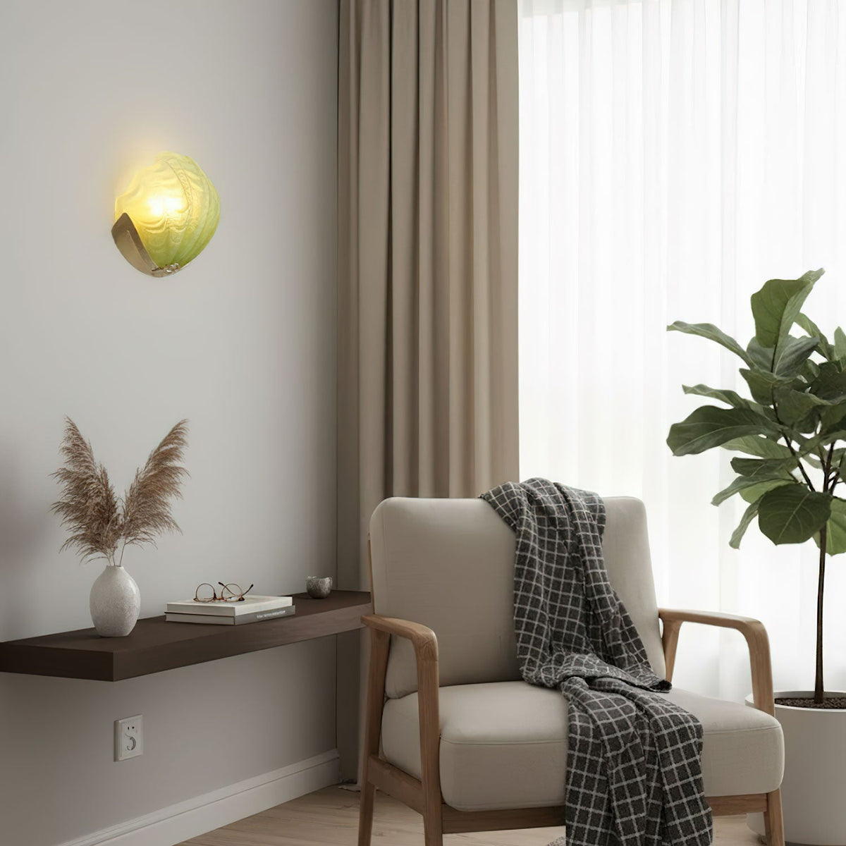 Art Deco Scallop Wall Sconce in Seafoam Glass and Brass
