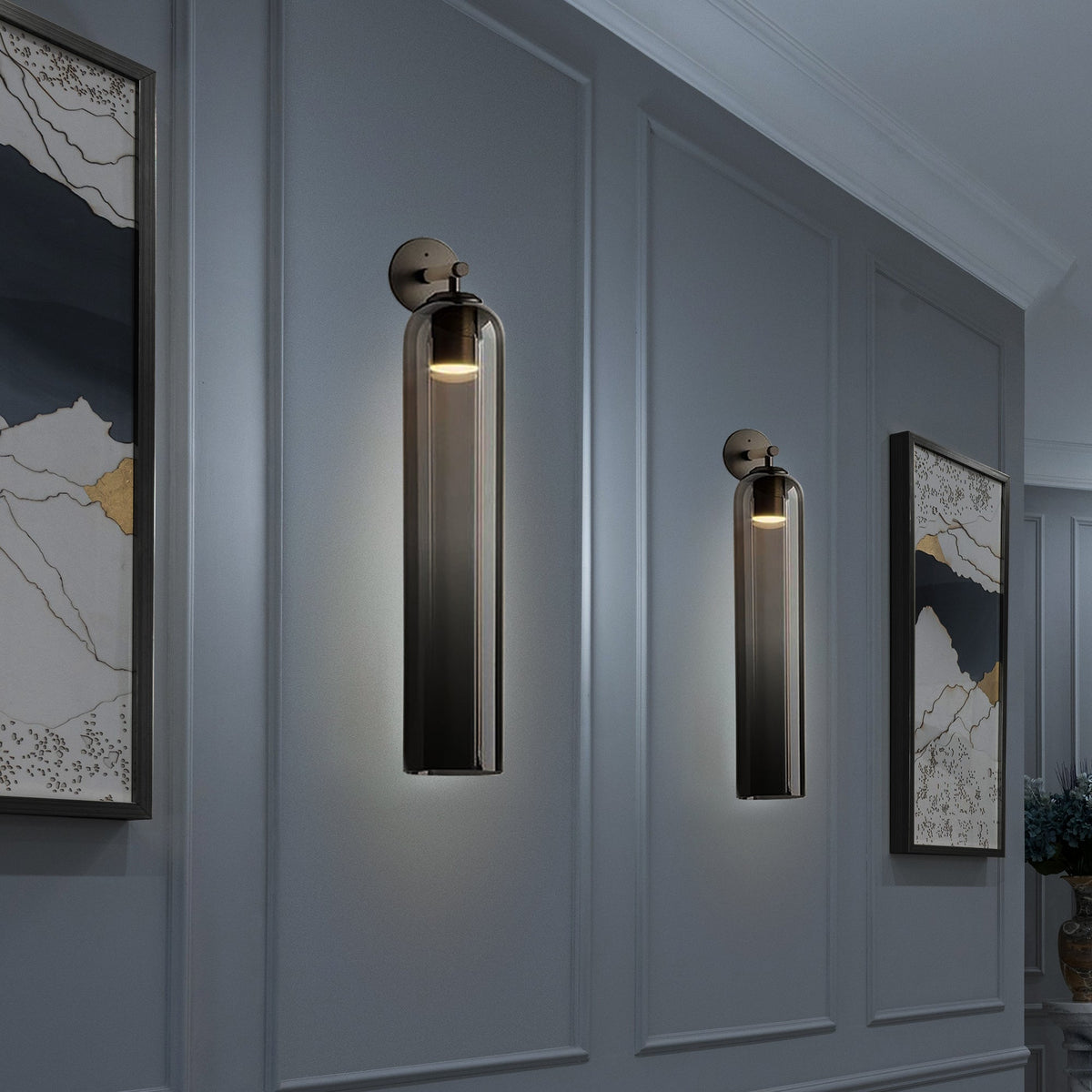 Art Glass Wall Sconce with Dual Mounting, Mouthblown Glass, Gold, Black, or Sand Nickel