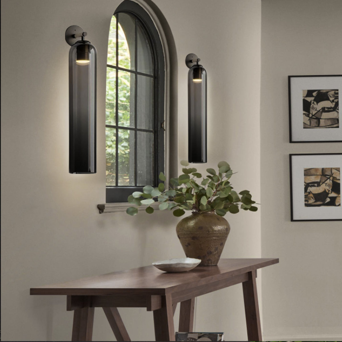 Art Glass Wall Sconce with Dual Mounting, Mouthblown Glass, Gold, Black, or Sand Nickel