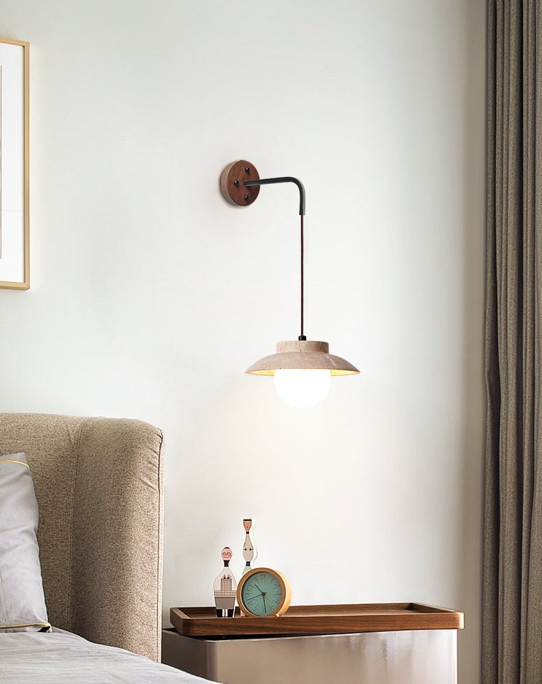 Artisan Arc Wall Sconce with Walnut Arm and Travertine Shade