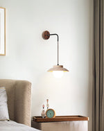 Artisan Arc Wall Sconce with Walnut Arm and Travertine Shade