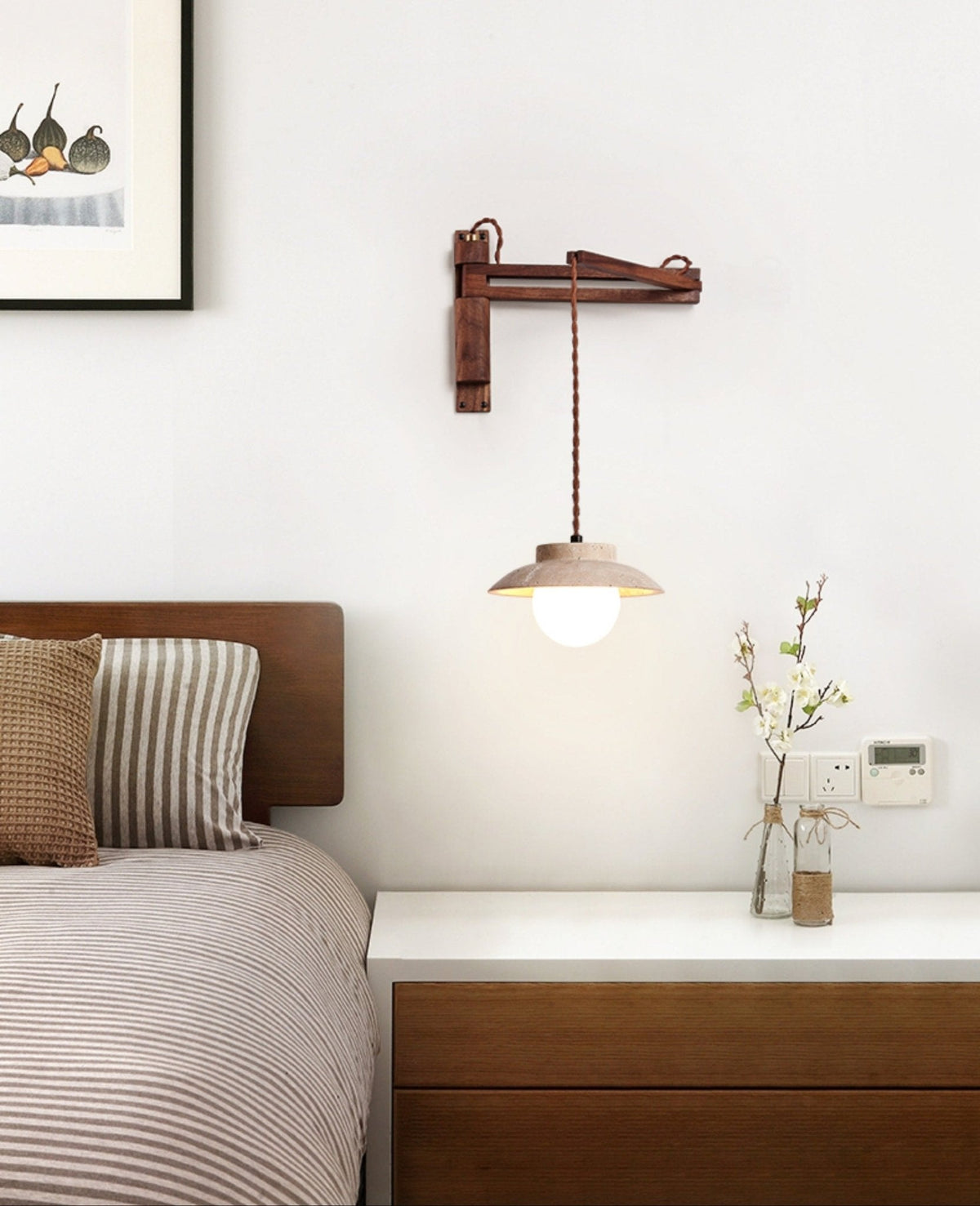Artisan Arc Wall Sconce with Walnut Arm and Travertine Shade