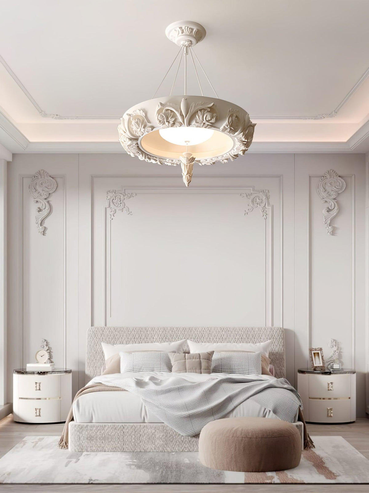 Artisan Carved Plaster Chandelier with Integrated LED – Modern Elegance for Dining and Living Spaces