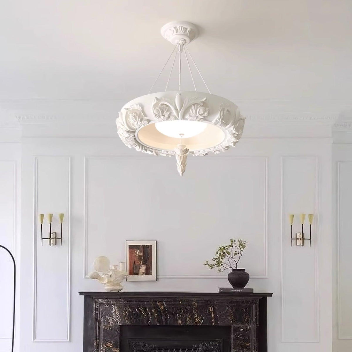Artisan Carved Plaster Chandelier with Integrated LED – Modern Elegance for Dining and Living Spaces