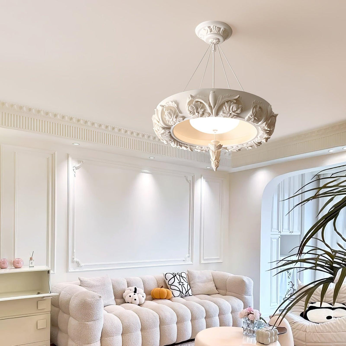 Artisan Carved Plaster Chandelier with Integrated LED – Modern Elegance for Dining and Living Spaces