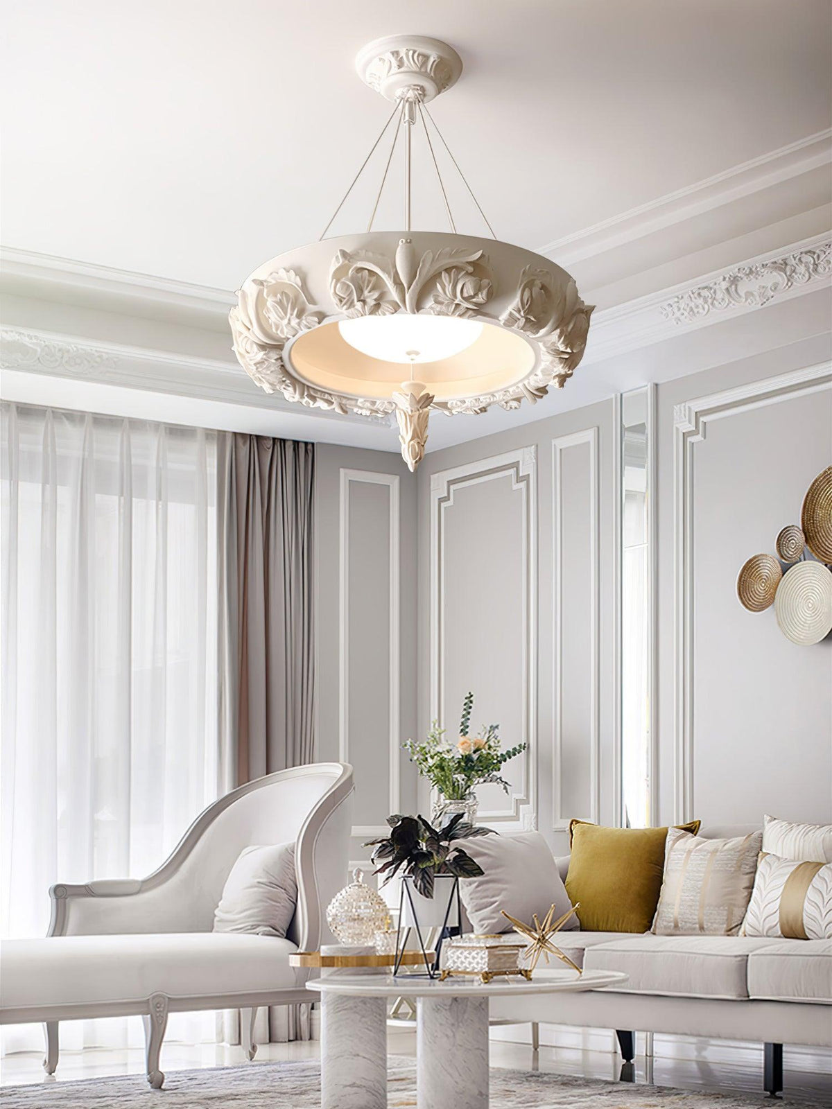 Artisan Carved Plaster Chandelier with Integrated LED – Modern Elegance for Dining and Living Spaces