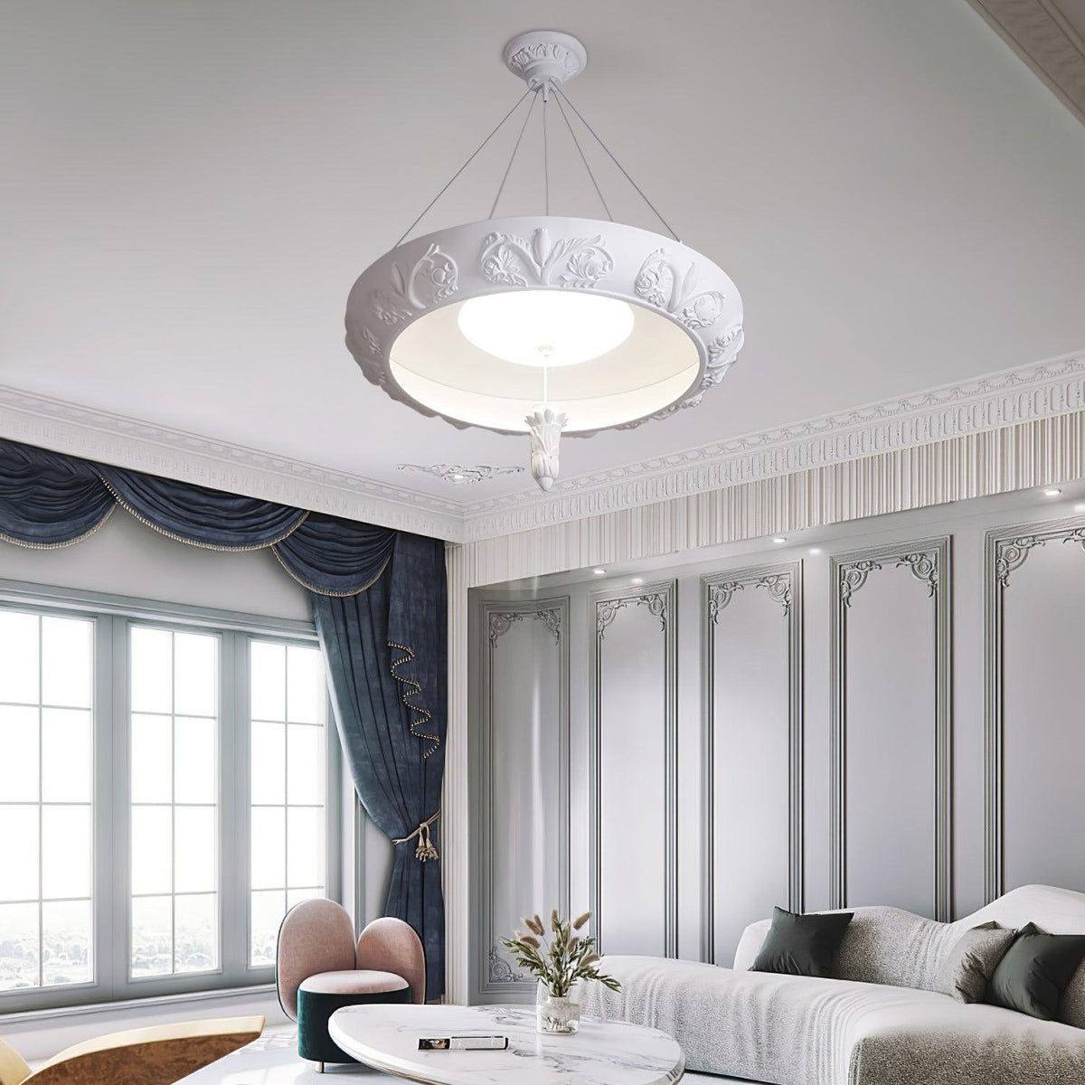 Artisan Carved Plaster Chandelier with Integrated LED – Modern Elegance for Dining and Living Spaces