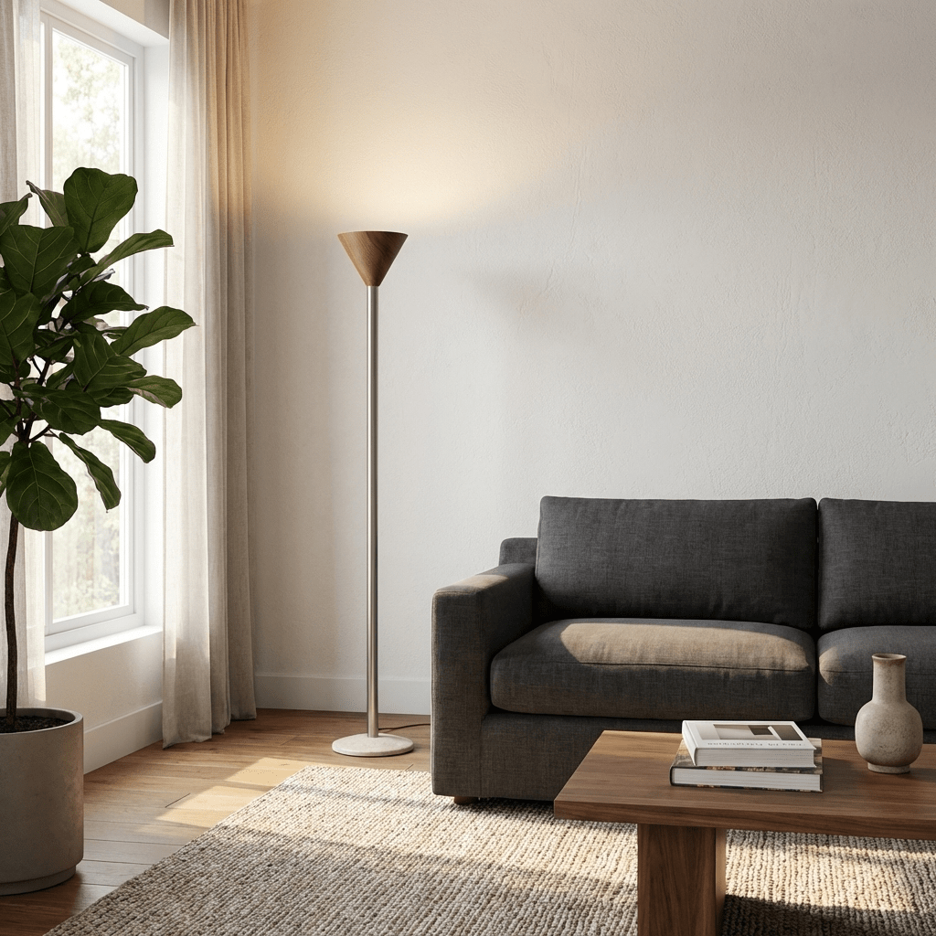 Arven Cone Floor Lamp – Sculptural Wood & Metal Standing Light for Modern Interiors