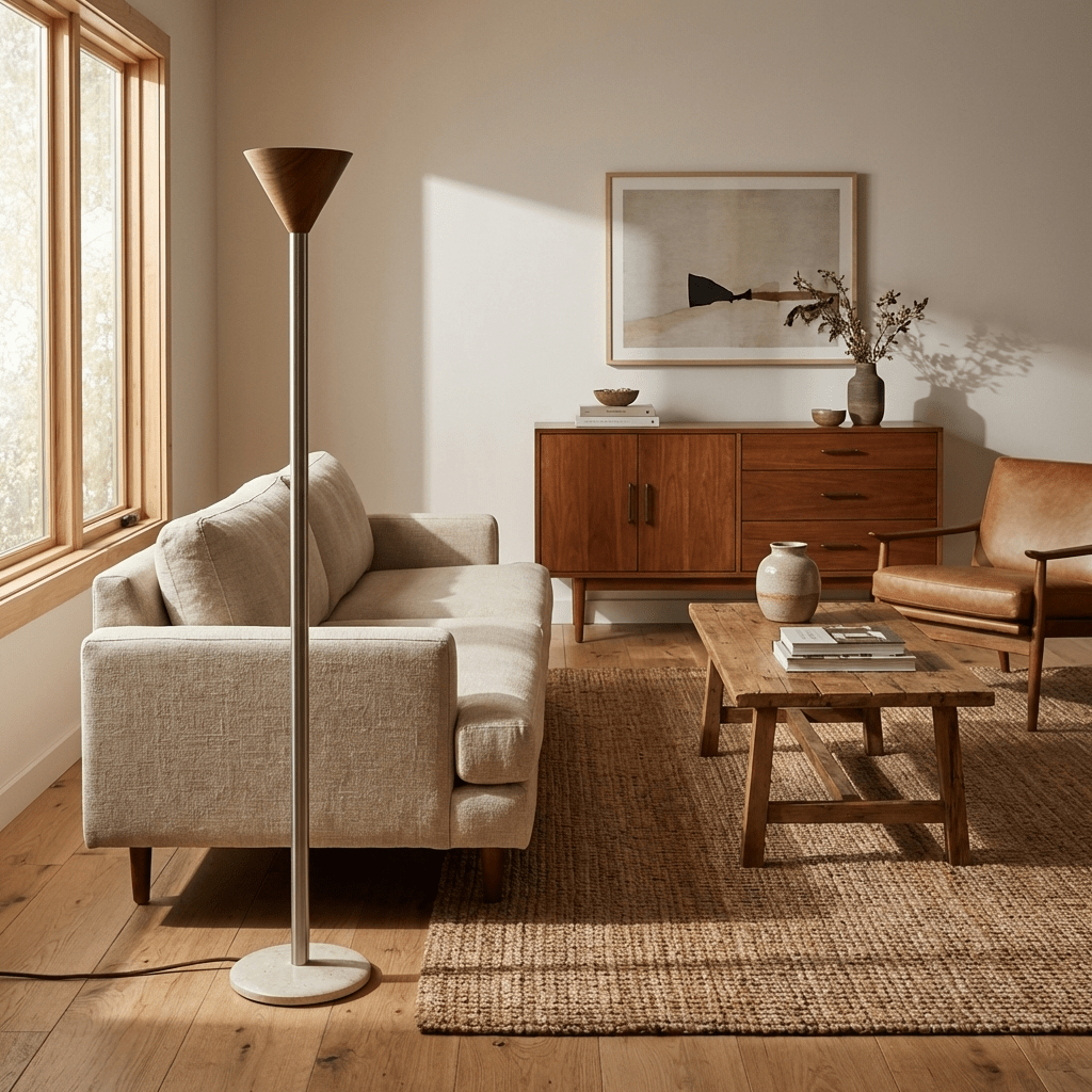 Arven Cone Floor Lamp – Sculptural Wood & Metal Standing Light for Modern Interiors