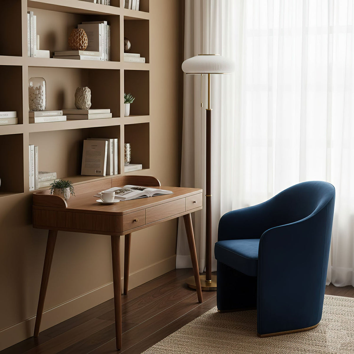 Arvia Floor Lamp – Modern Walnut Wood & Brass Standing Light
