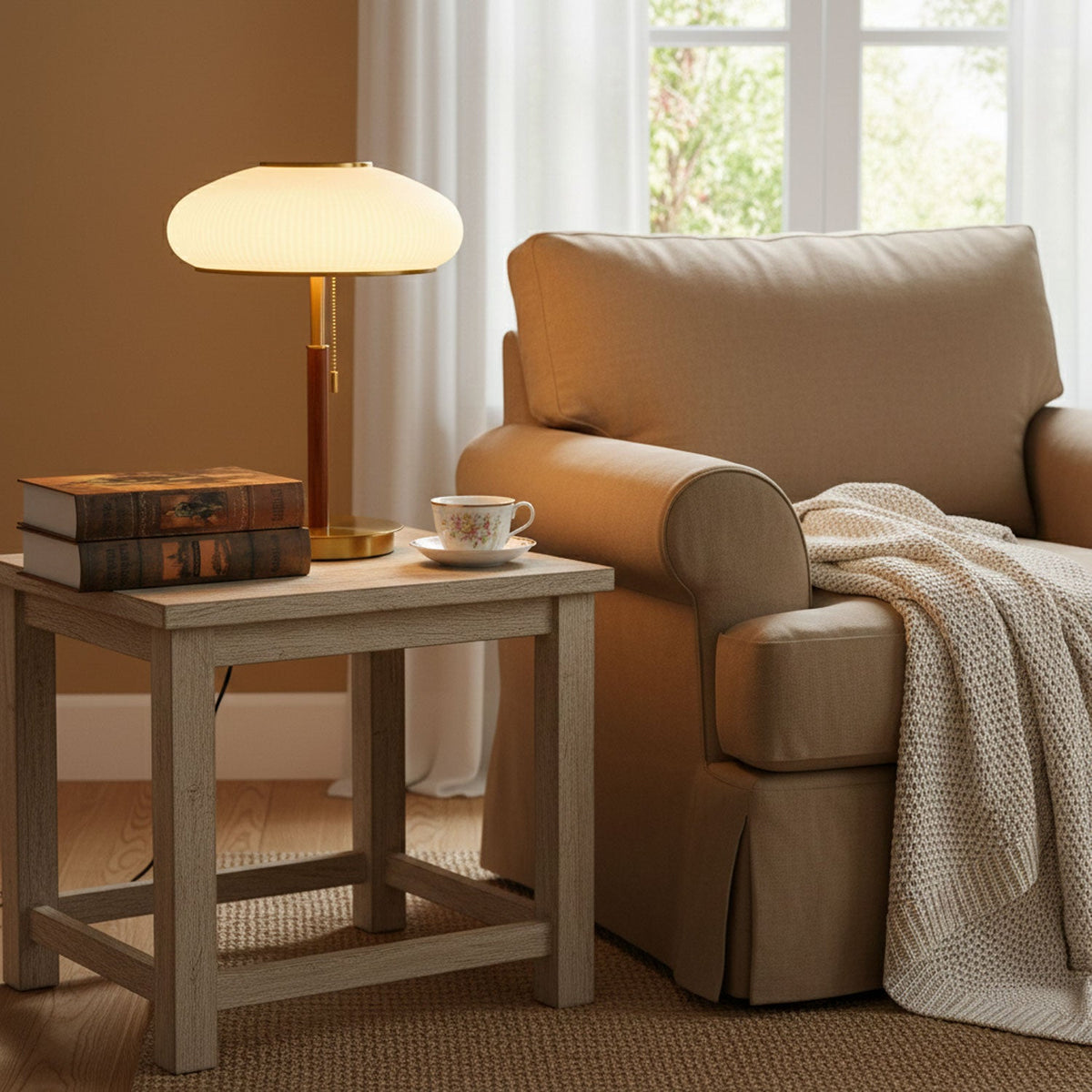 Arvia Table Lamp in Walnut and Brass with Ribbed Glass Shade