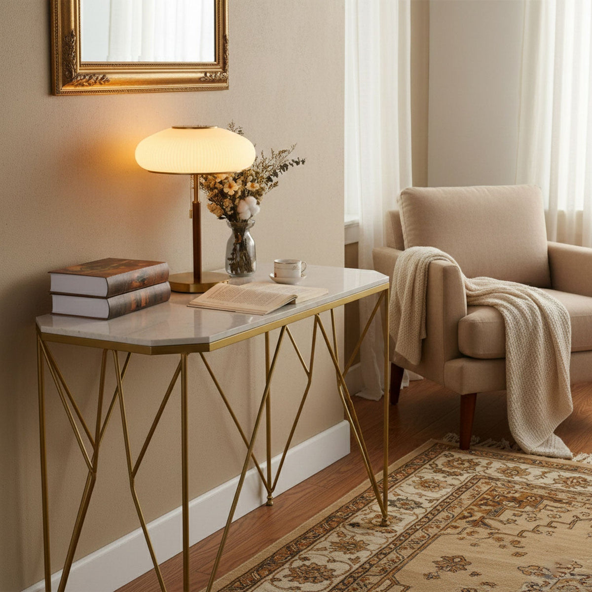 Arvia Table Lamp in Walnut and Brass with Ribbed Glass Shade