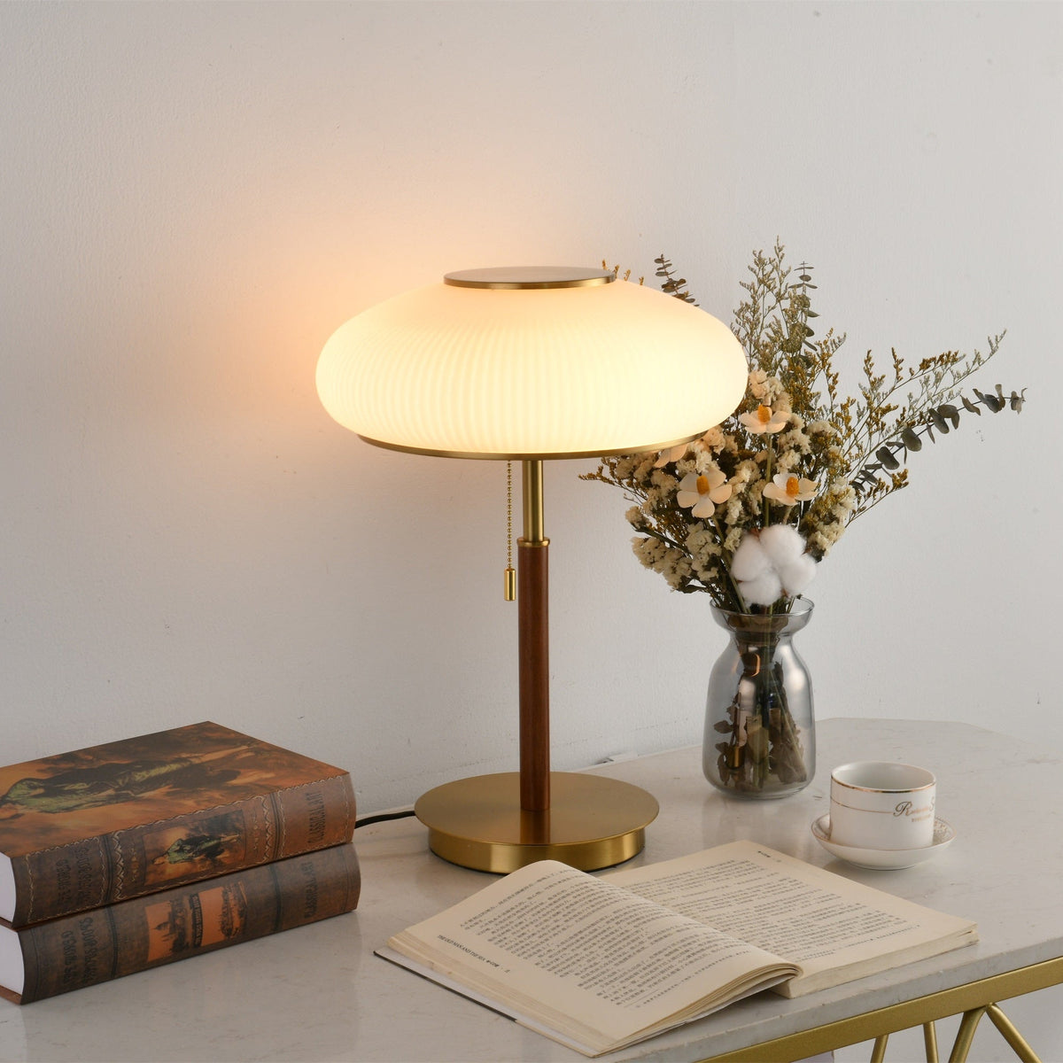 Arvia Table Lamp in Walnut and Brass with Ribbed Glass Shade