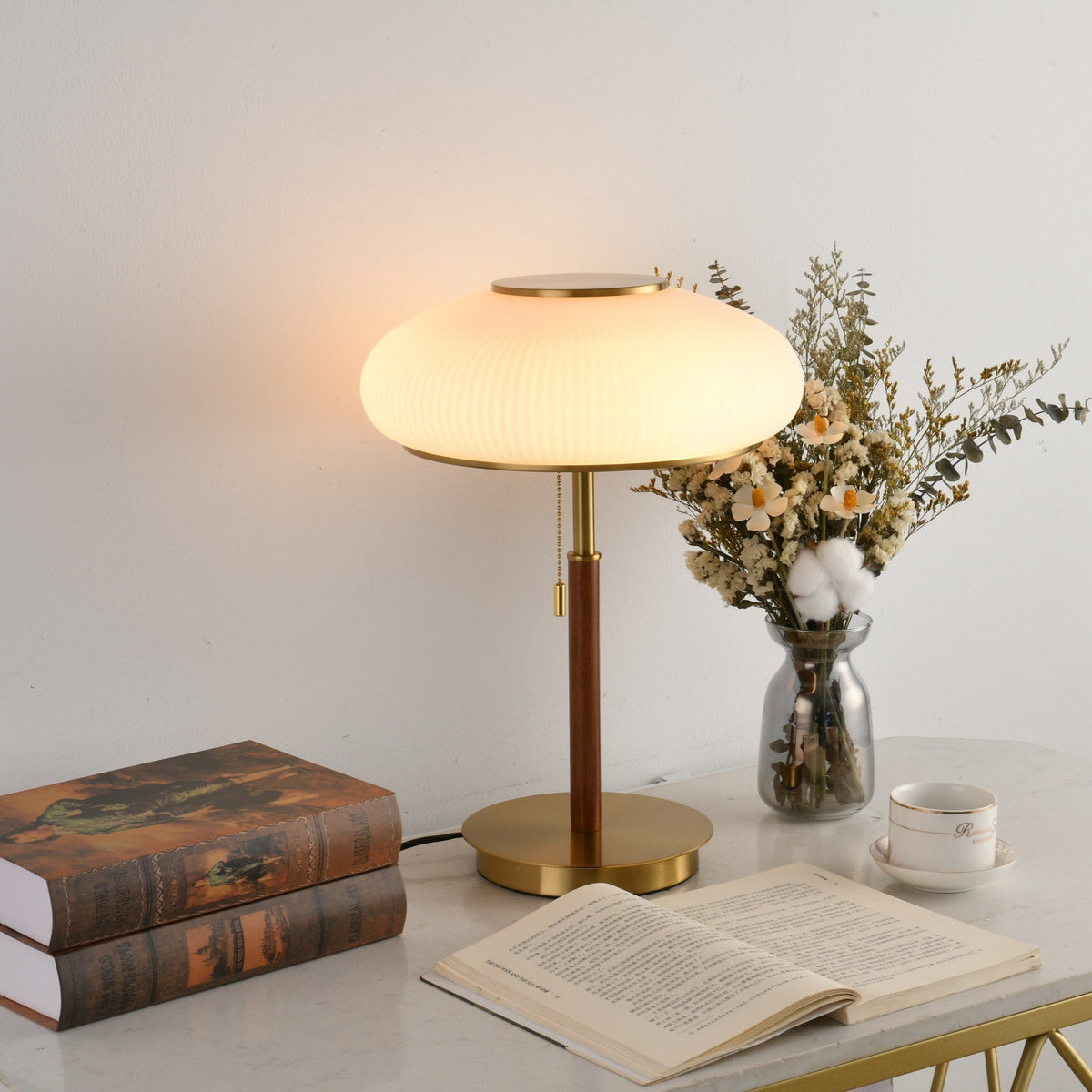 Arvia Table Lamp in Walnut and Brass with Ribbed Glass Shade