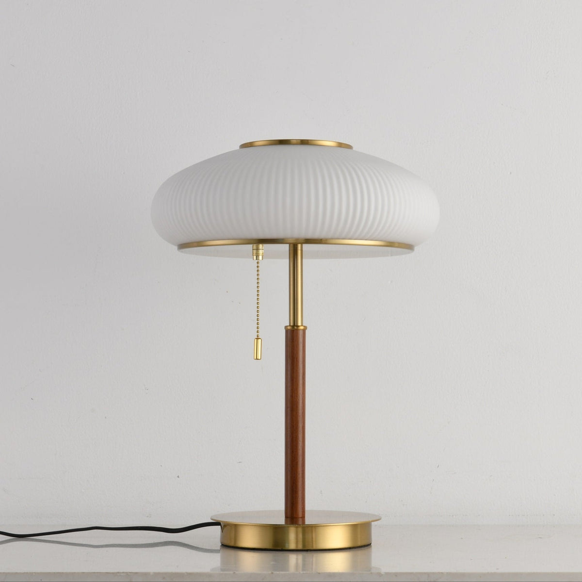 Arvia Table Lamp in Walnut and Brass with Ribbed Glass Shade