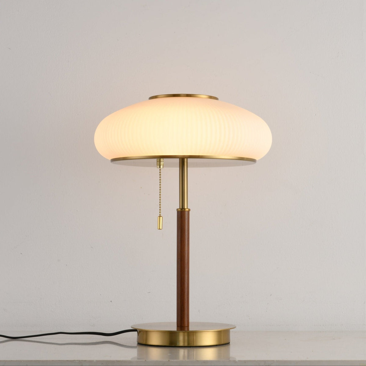 Arvia Table Lamp in Walnut and Brass with Ribbed Glass Shade