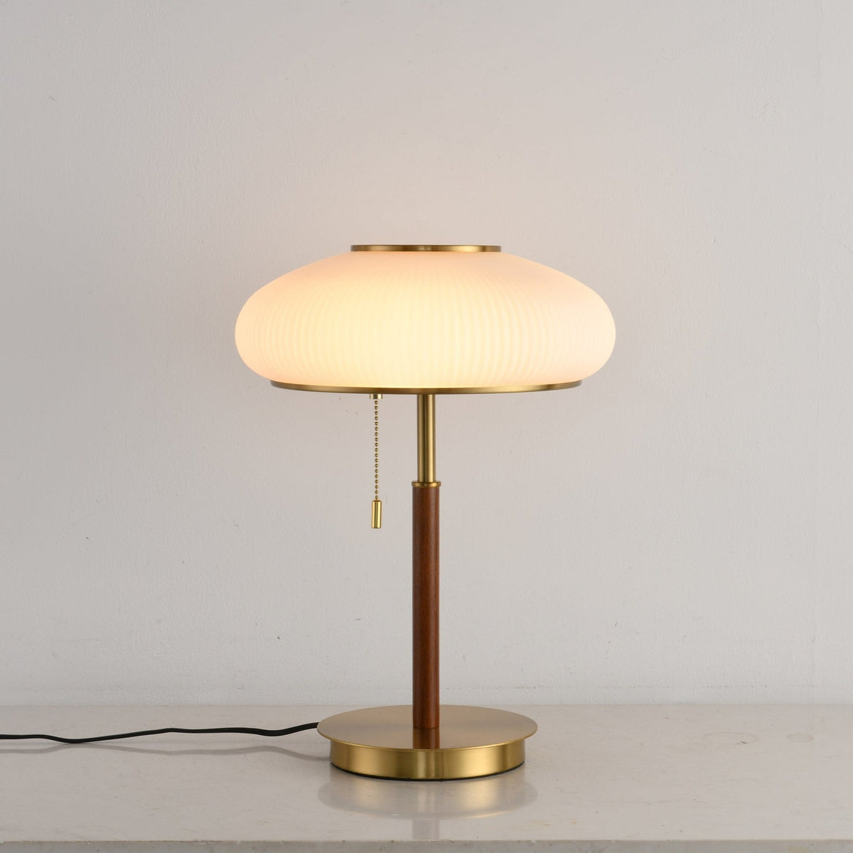 Arvia Table Lamp in Walnut and Brass with Ribbed Glass Shade