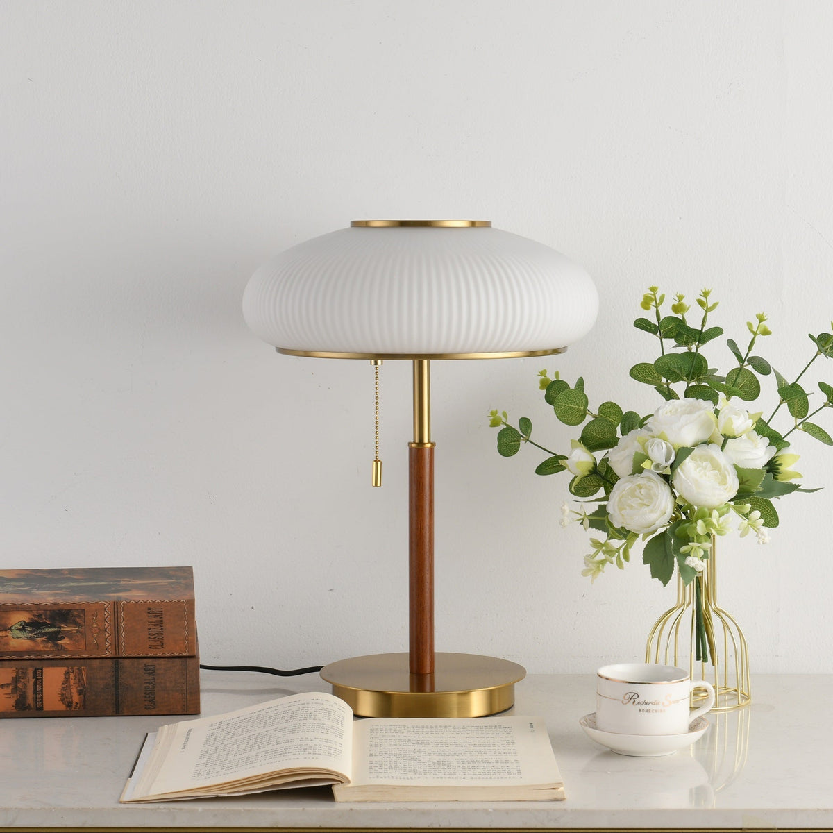 Arvia Table Lamp in Walnut and Brass with Ribbed Glass Shade