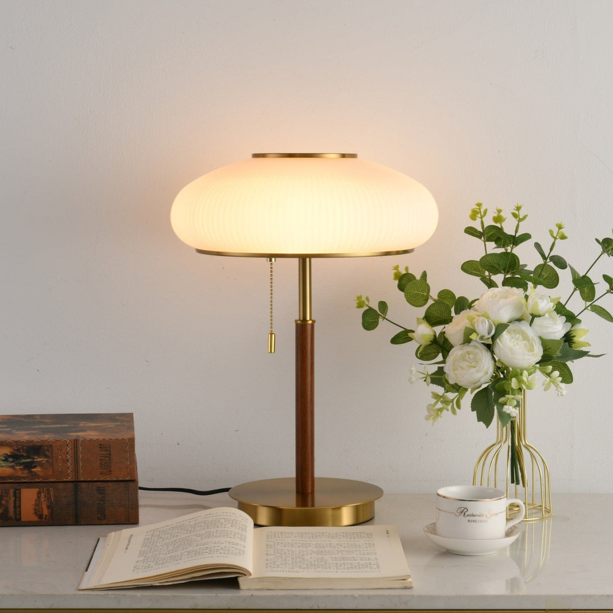 Arvia Table Lamp in Walnut and Brass with Ribbed Glass Shade