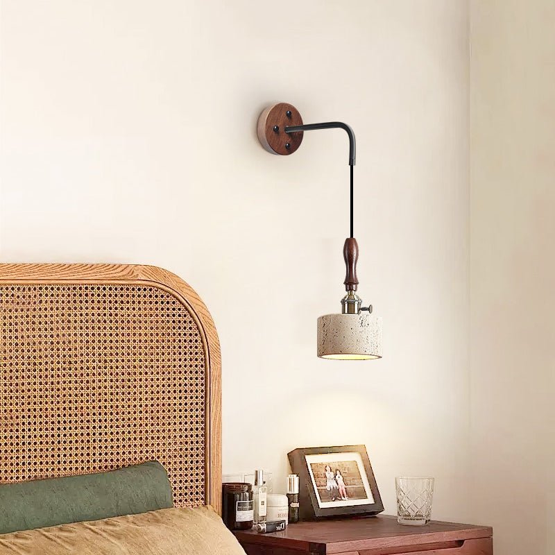 Arvilo Travertine Wall Sconce with Walnut Handle – Modern Bedside Lamp
