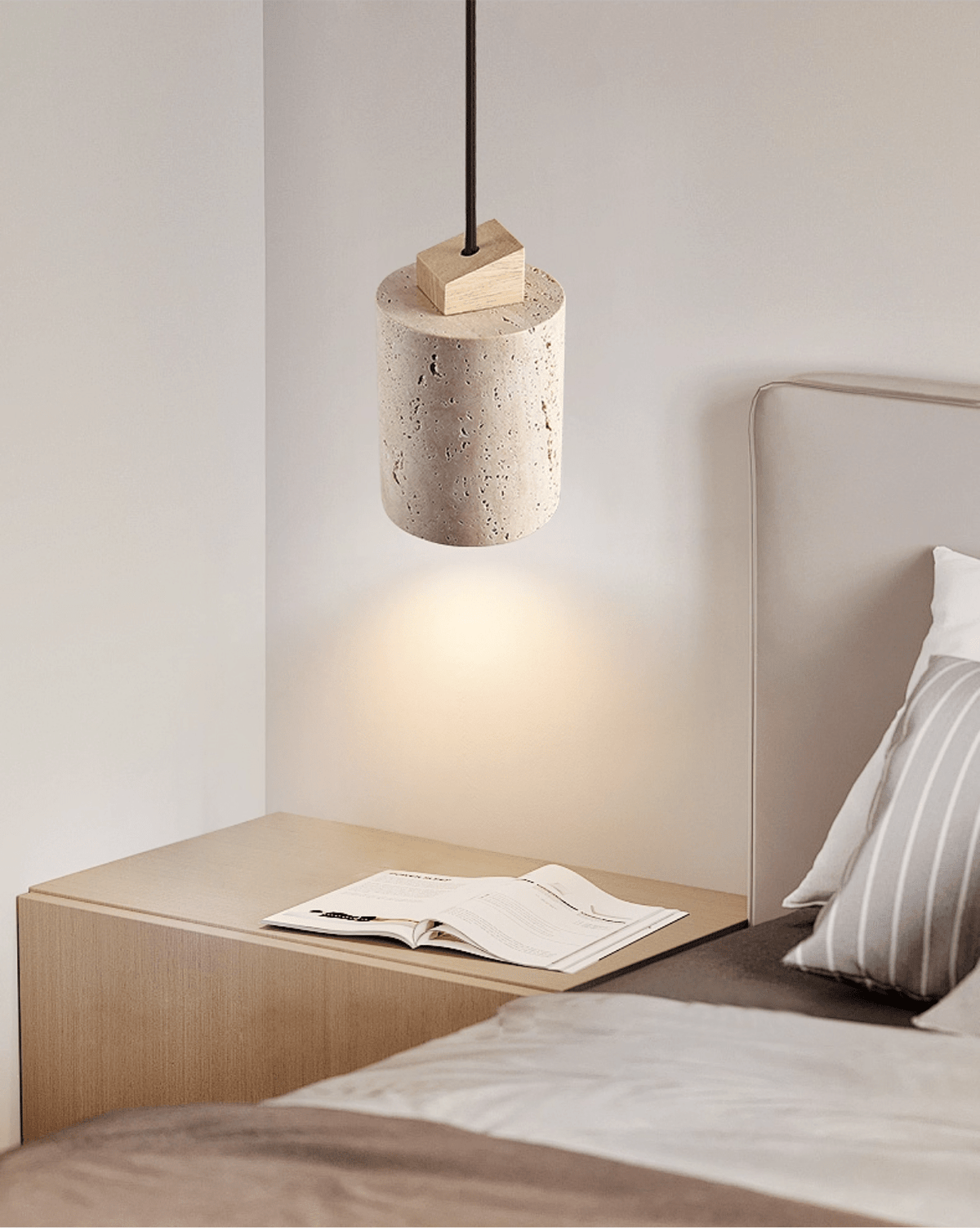 Arvo Cylinder Pendant Light in Natural Travertine and Wood
