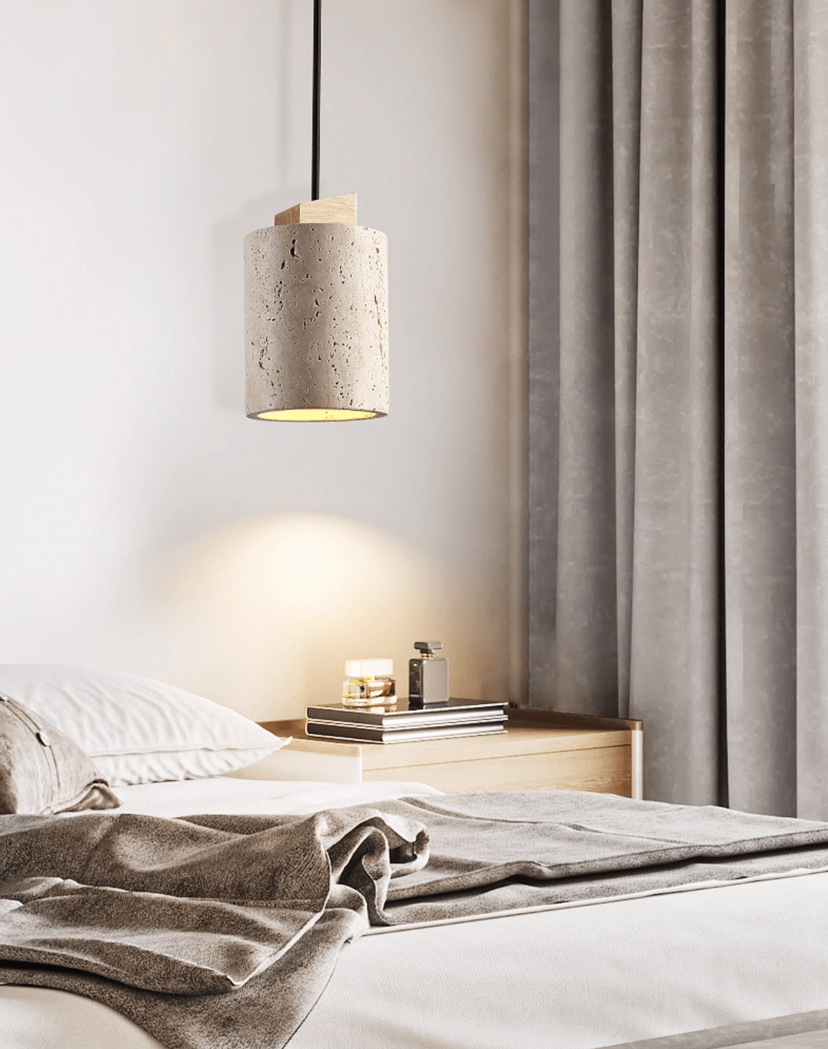 Arvo Cylinder Pendant Light in Natural Travertine and Wood