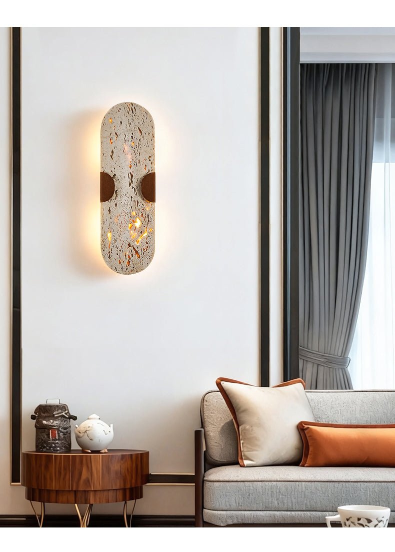 Arvyn Wall Sconce in Natural Travertine with Walnut Accents