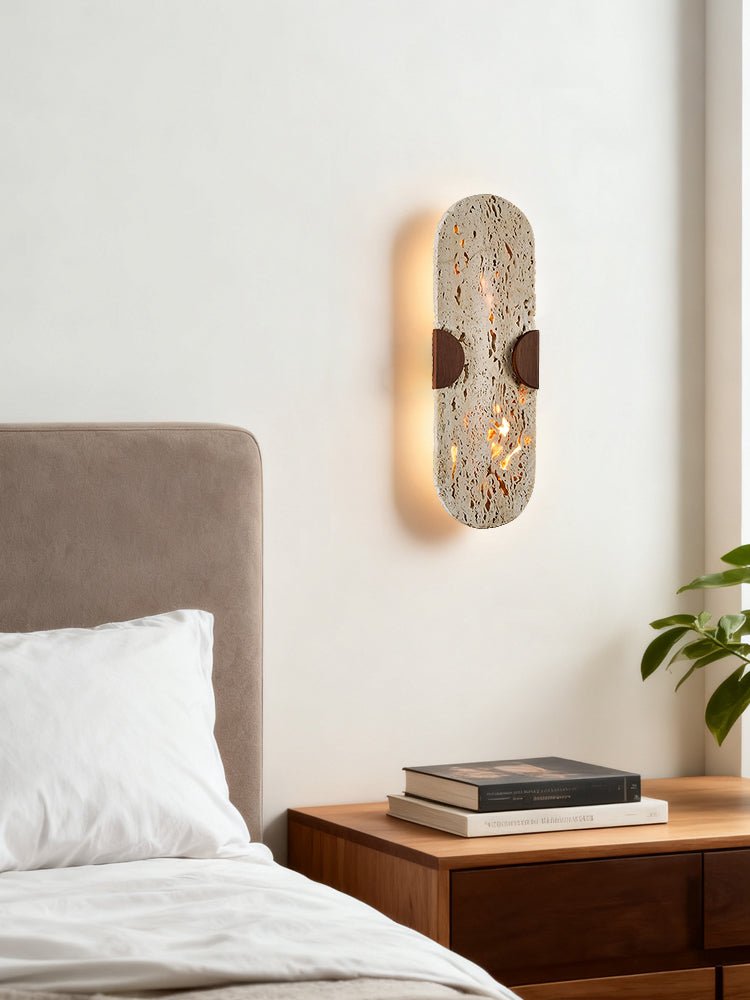 Arvyn Wall Sconce in Natural Travertine with Walnut Accents