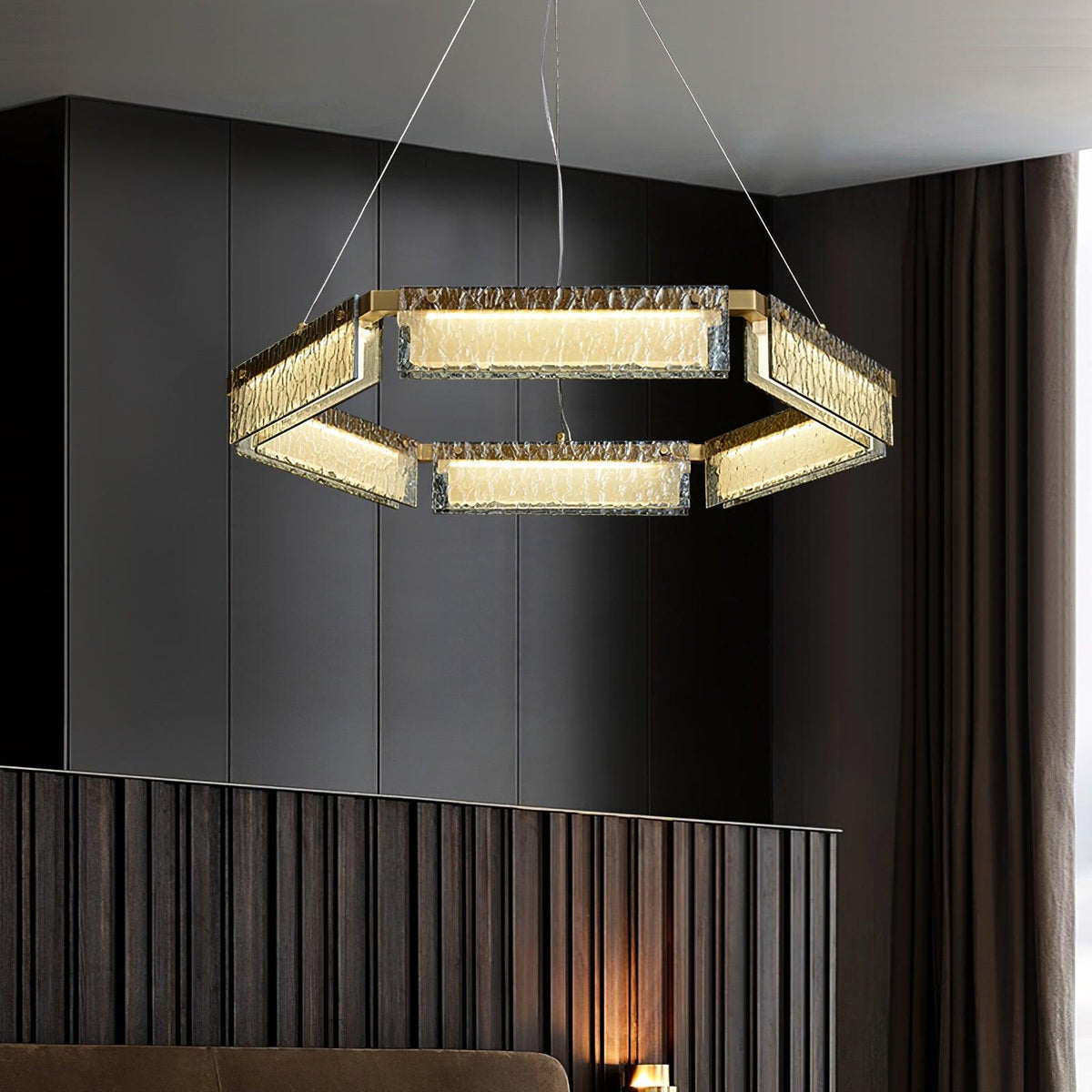 Asner Hexagonal LED Chandelier in Polished Brass and Glass