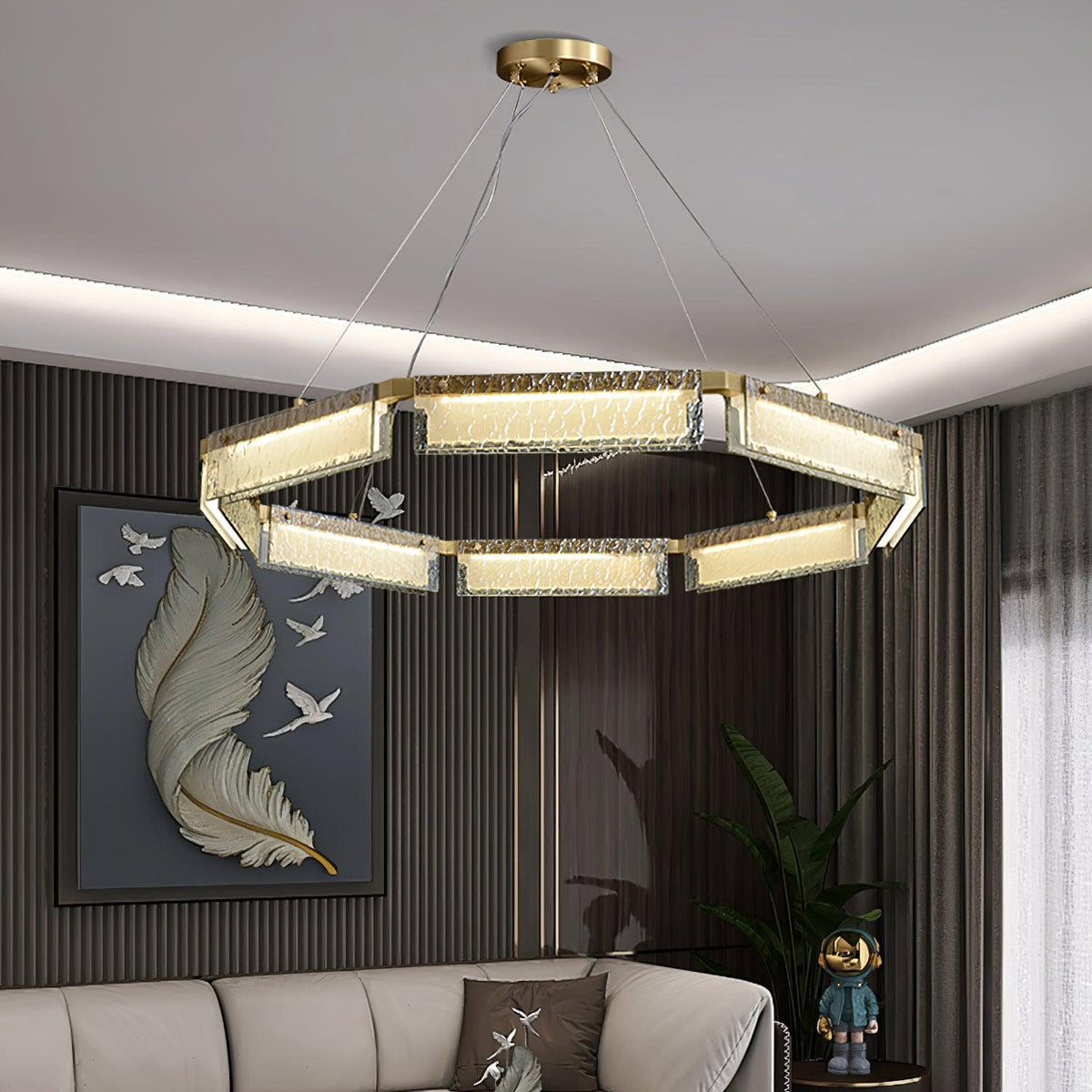 Asner Hexagonal LED Chandelier in Polished Brass and Glass