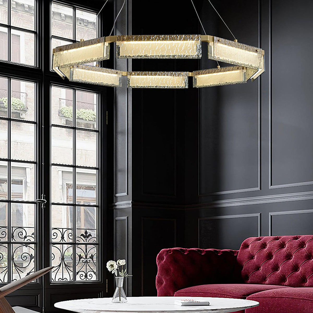 Asner Hexagonal LED Chandelier in Polished Brass and Glass