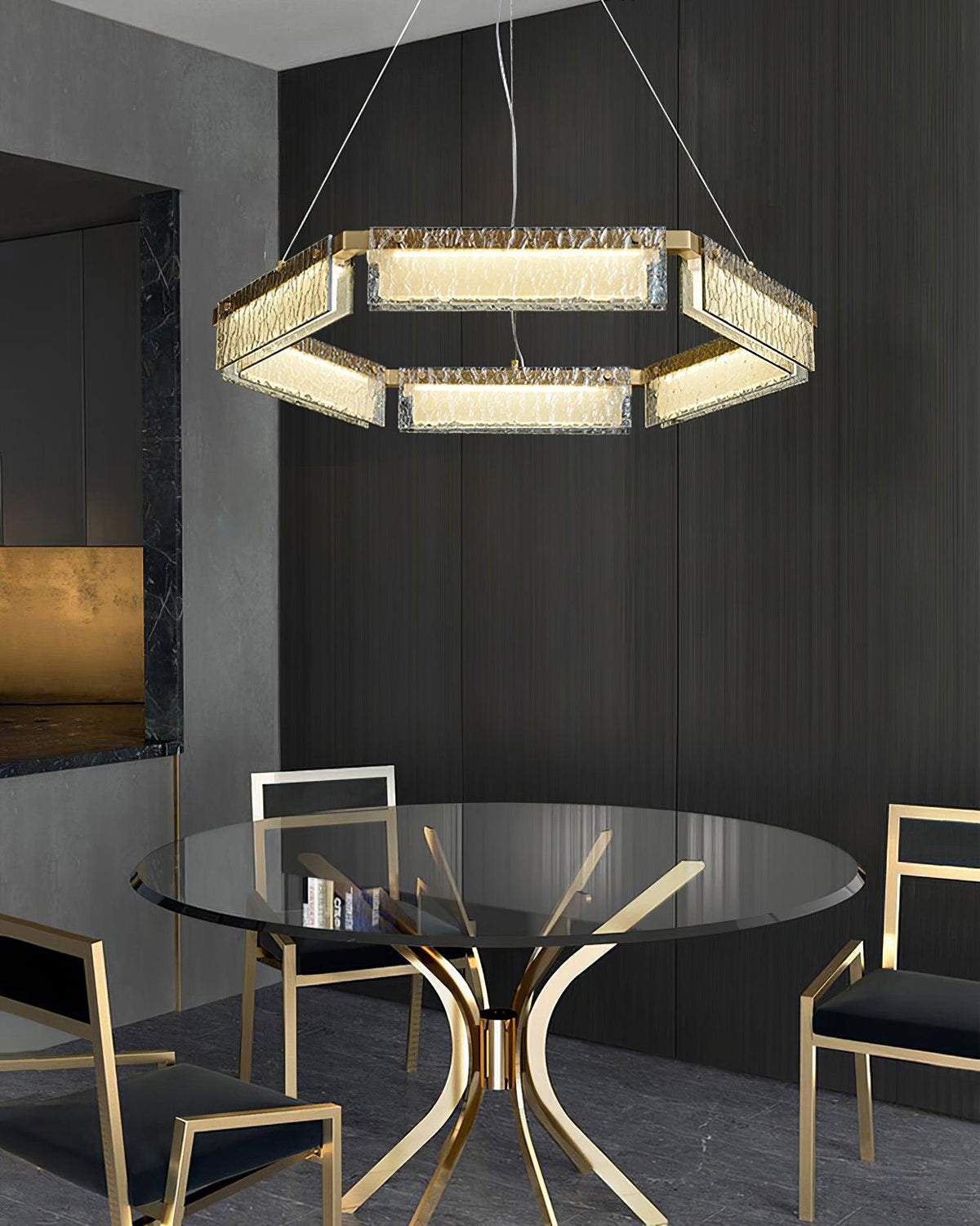 Asner Hexagonal LED Chandelier in Polished Brass and Glass