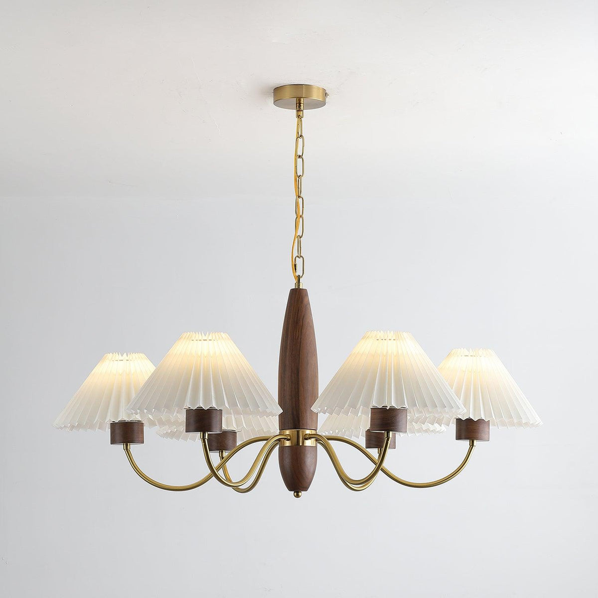 Asquith Modern Walnut and Copper Chandelier with Pleated Shades