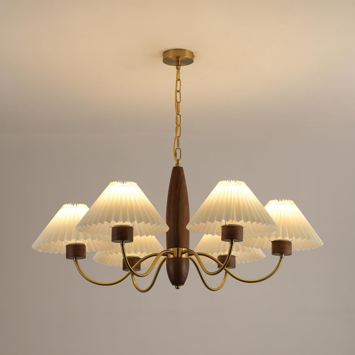 Asquith Modern Walnut and Copper Chandelier with Pleated Shades
