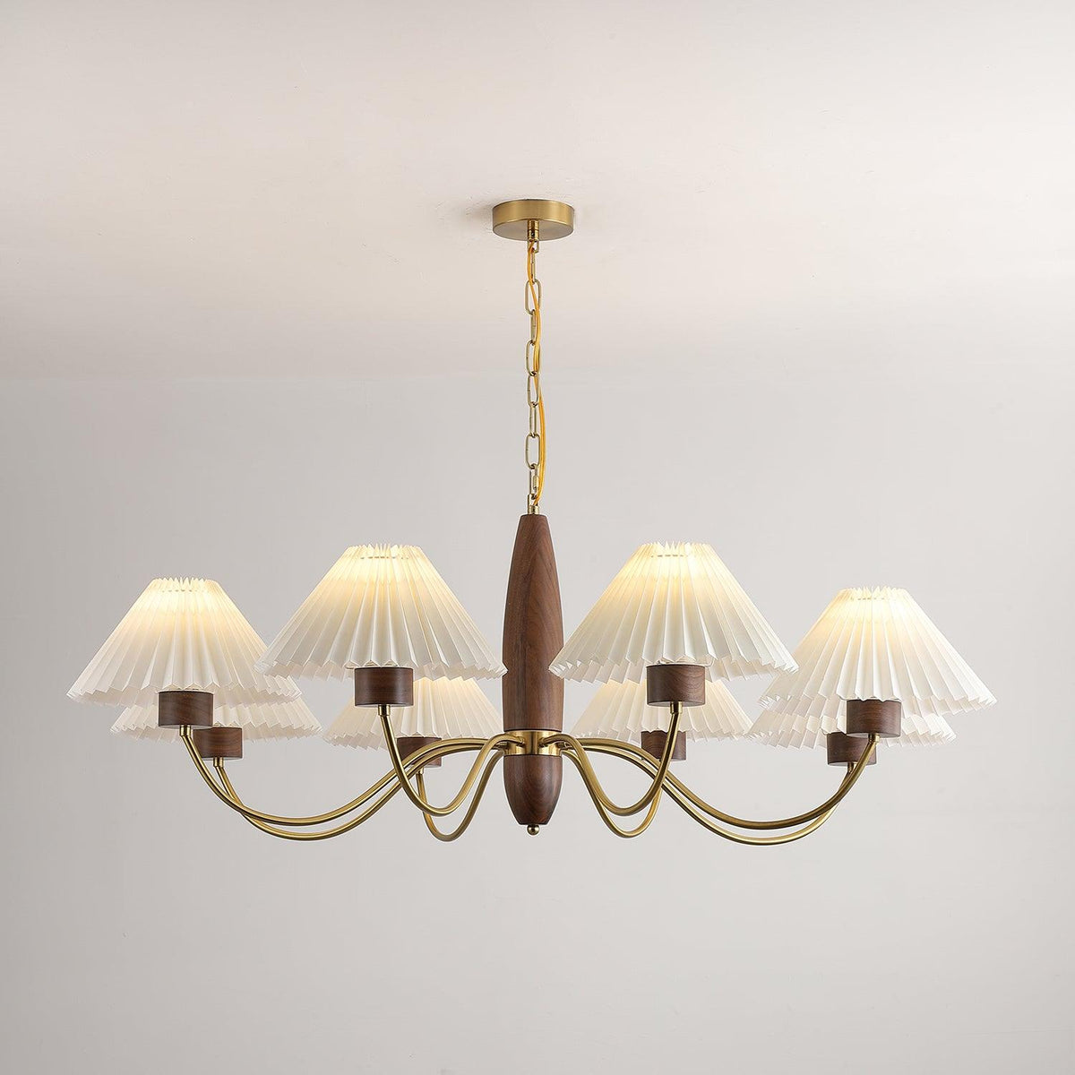 Asquith Modern Walnut and Copper Chandelier with Pleated Shades