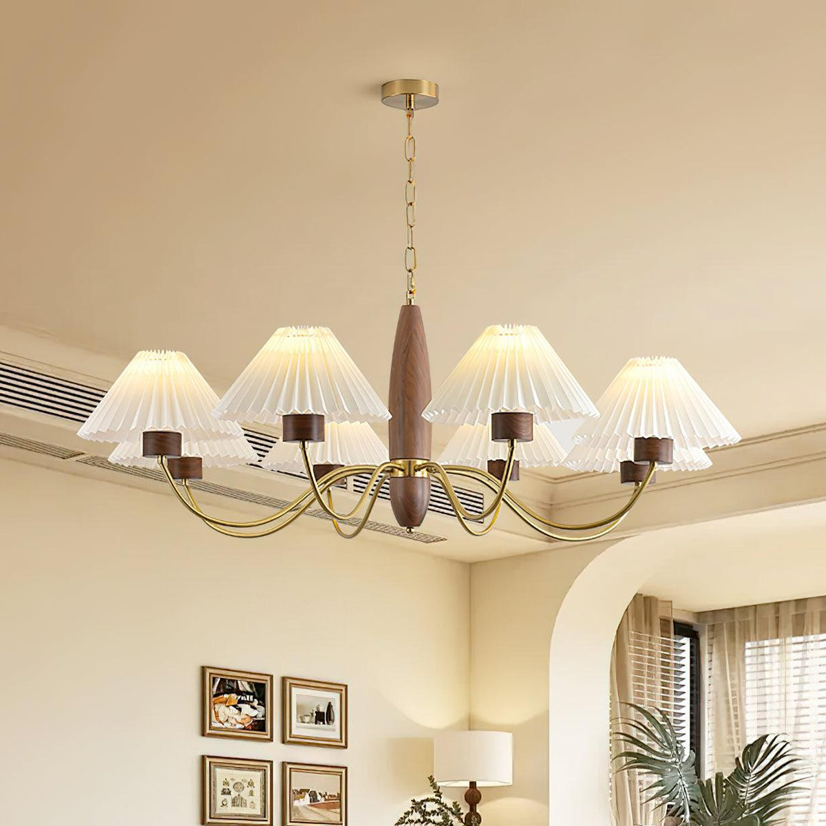 Asquith Modern Walnut and Copper Chandelier with Pleated Shades
