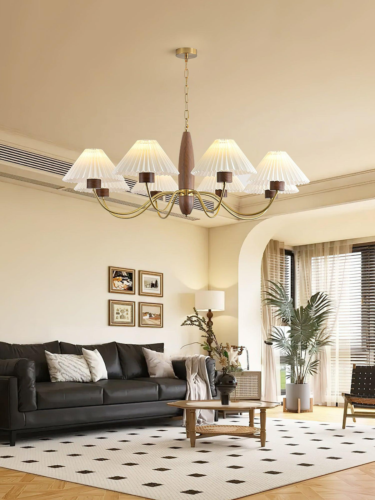 Asquith Modern Walnut and Copper Chandelier with Pleated Shades