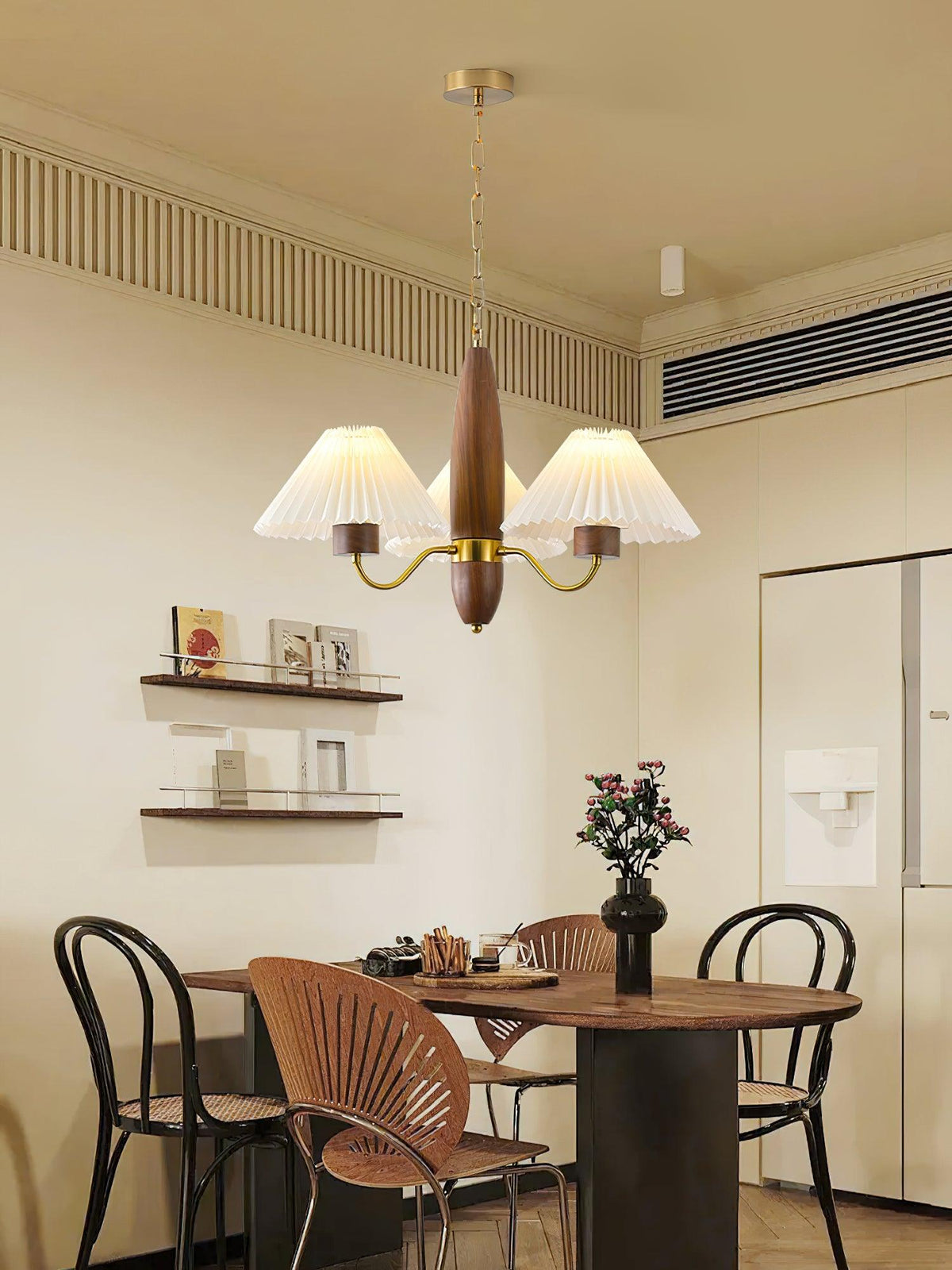 Asquith Modern Walnut and Copper Chandelier with Pleated Shades