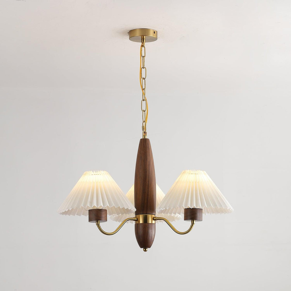 Asquith Modern Walnut and Copper Chandelier with Pleated Shades