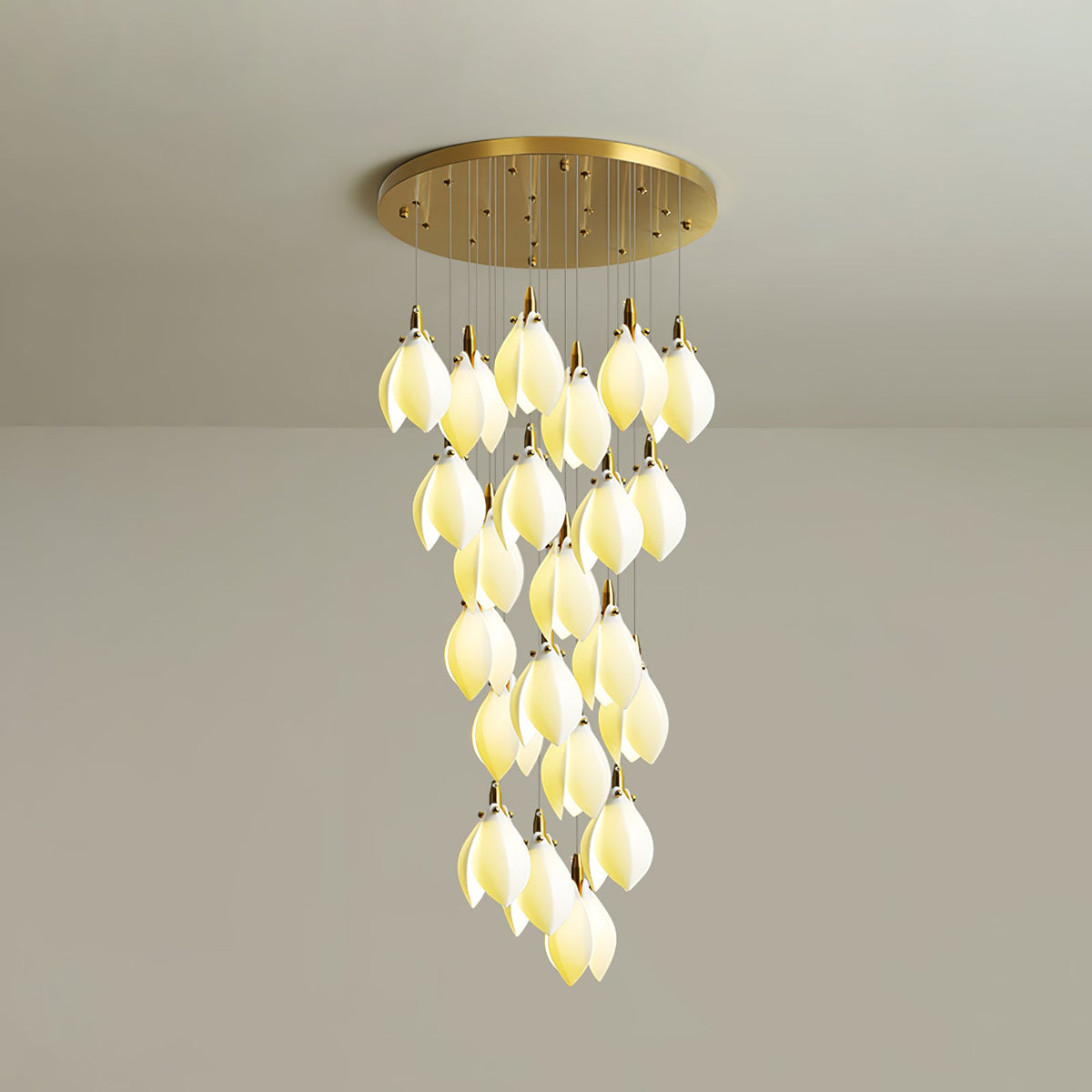 Astralis Bloom Staircase Chandelier – Modern Ceramic Petal Cascade in Gold
