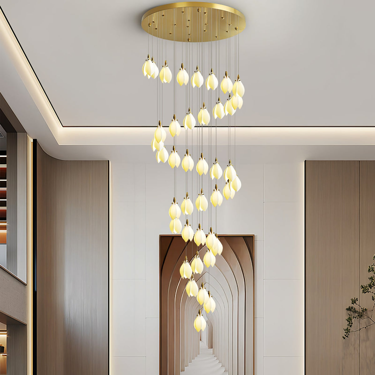 Astralis Bloom Staircase Chandelier – Modern Ceramic Petal Cascade in Gold