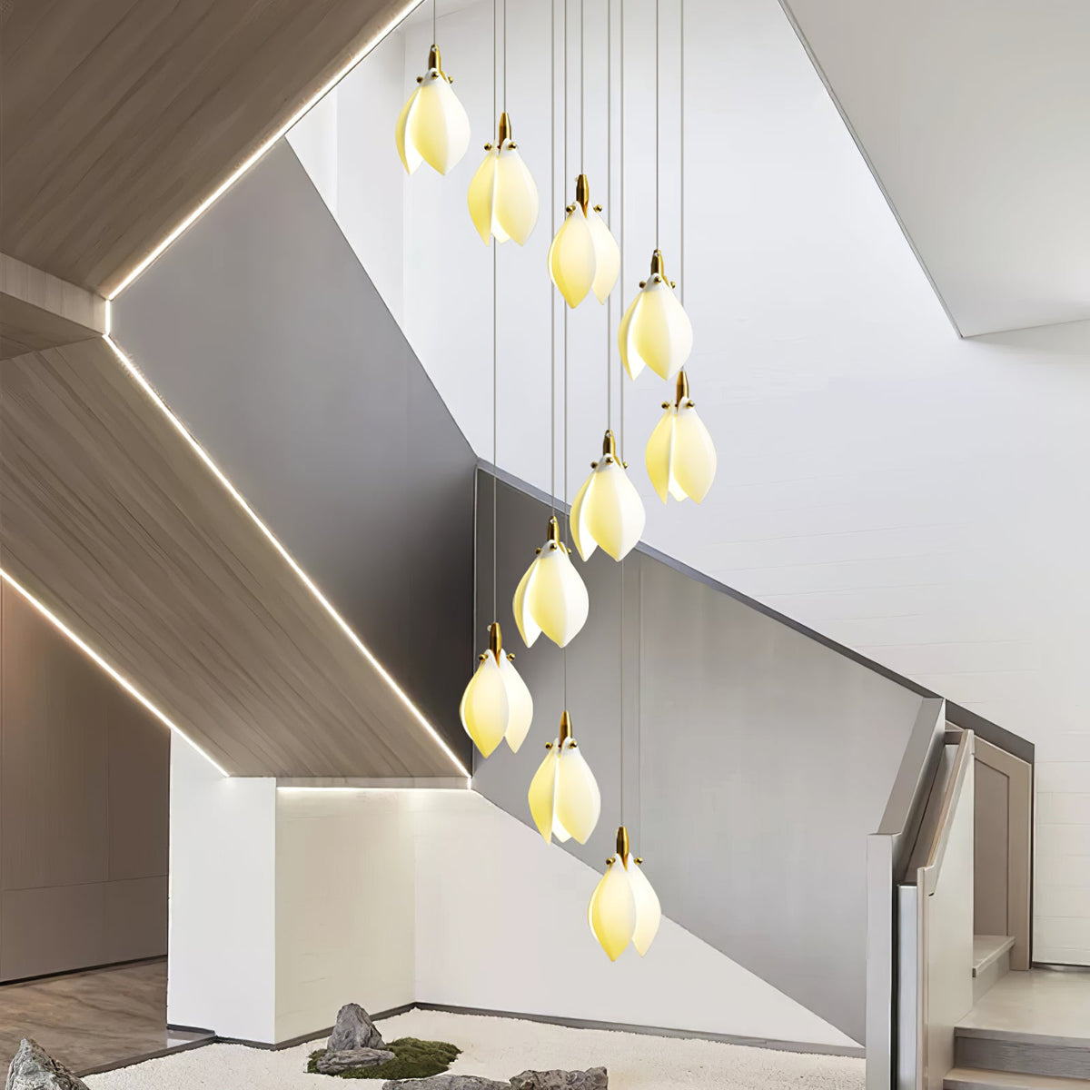 Astralis Bloom Staircase Chandelier – Modern Ceramic Petal Cascade in Gold