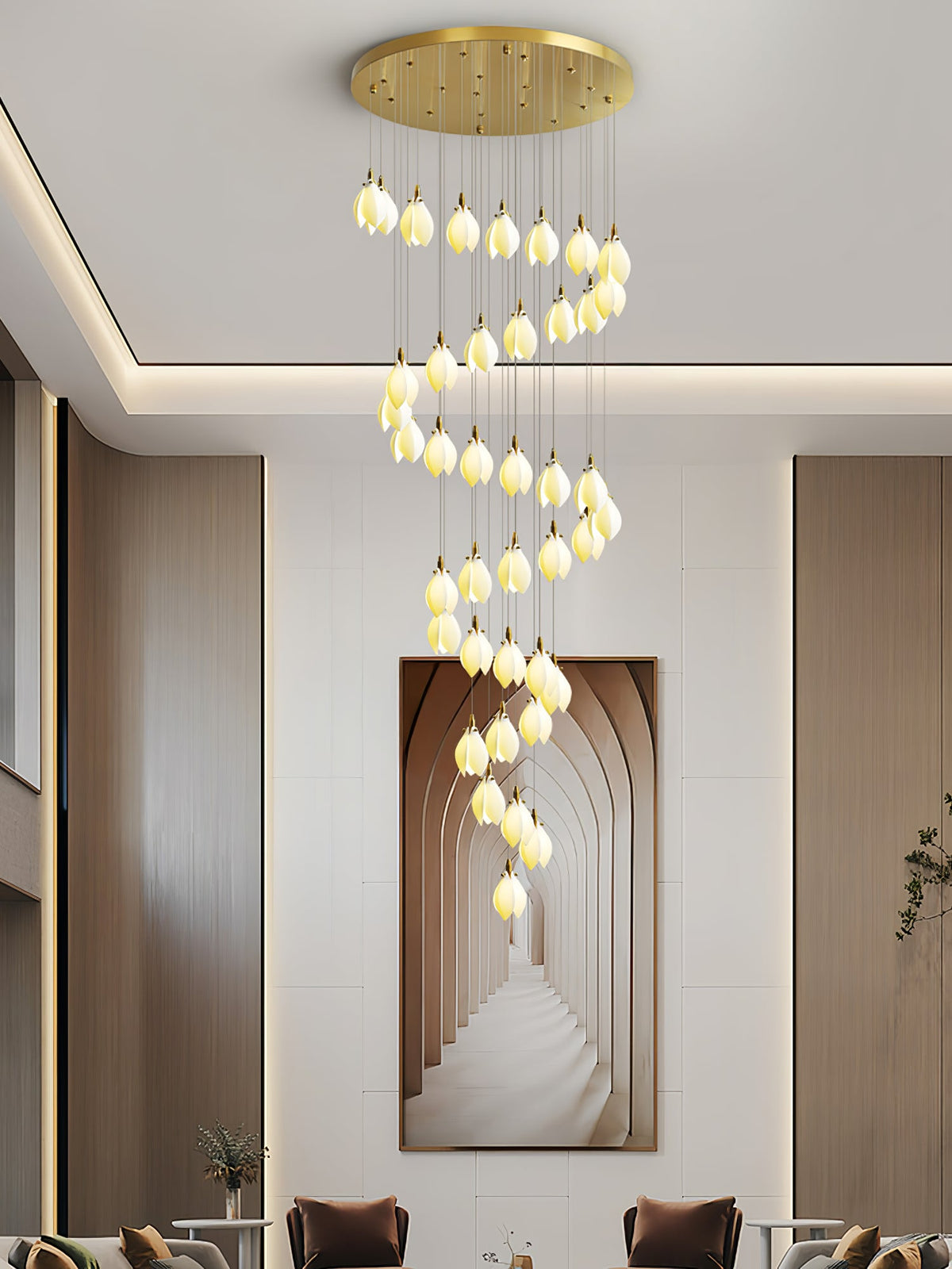 Astralis Bloom Staircase Chandelier – Modern Ceramic Petal Cascade in Gold