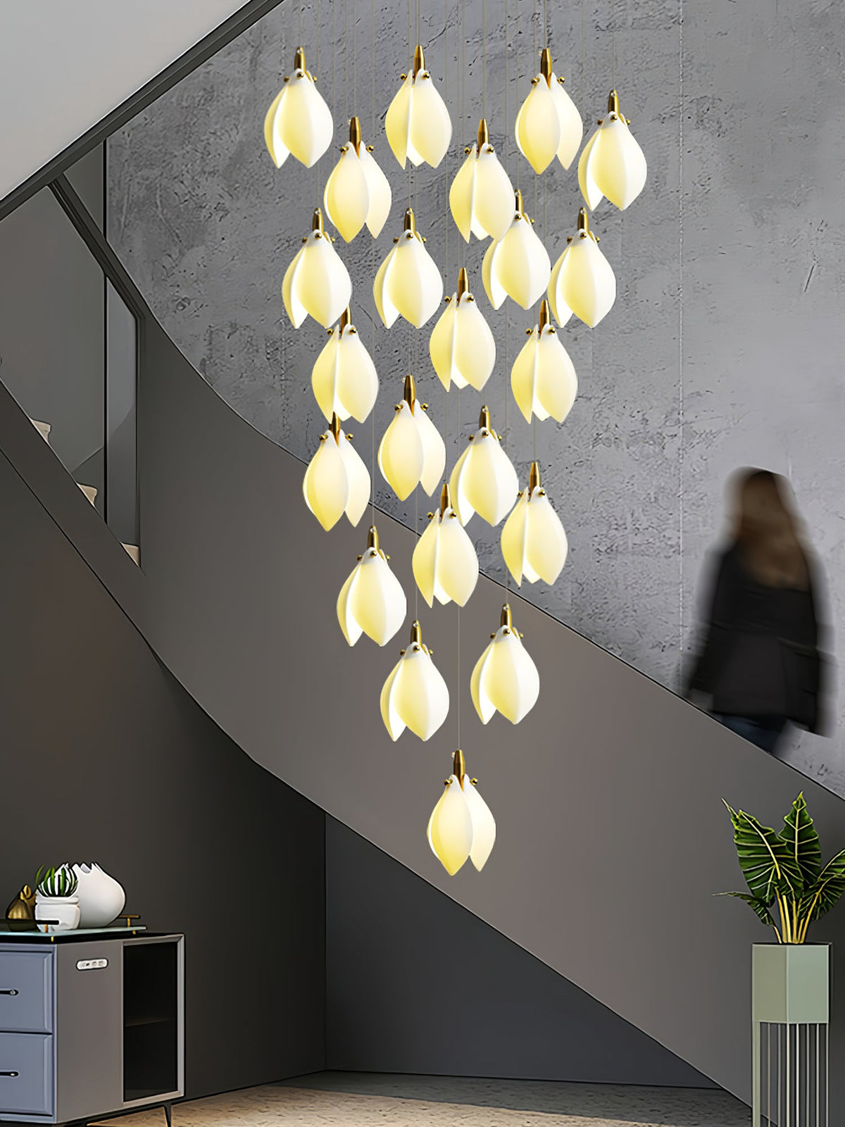 Astralis Bloom Staircase Chandelier – Modern Ceramic Petal Cascade in Gold