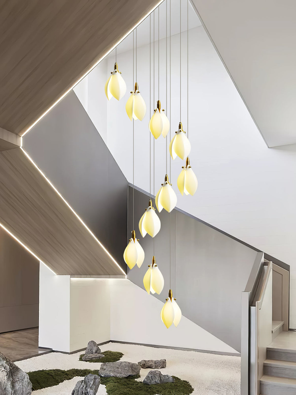 Astralis Bloom Staircase Chandelier – Modern Ceramic Petal Cascade in Gold