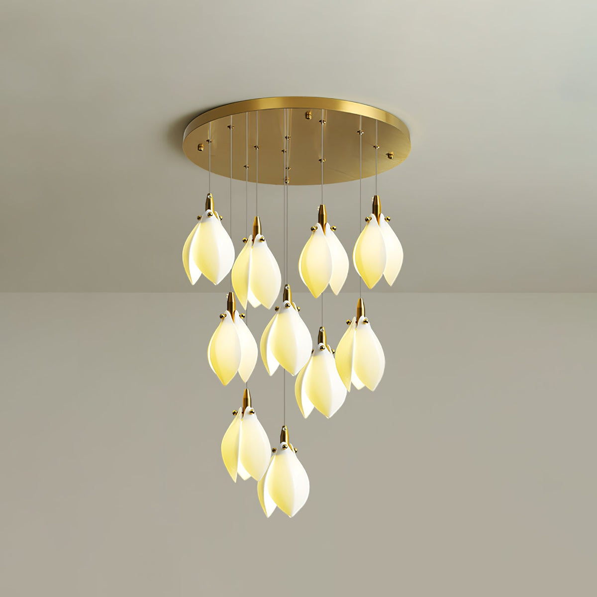 Astralis Bloom Staircase Chandelier – Modern Ceramic Petal Cascade in Gold
