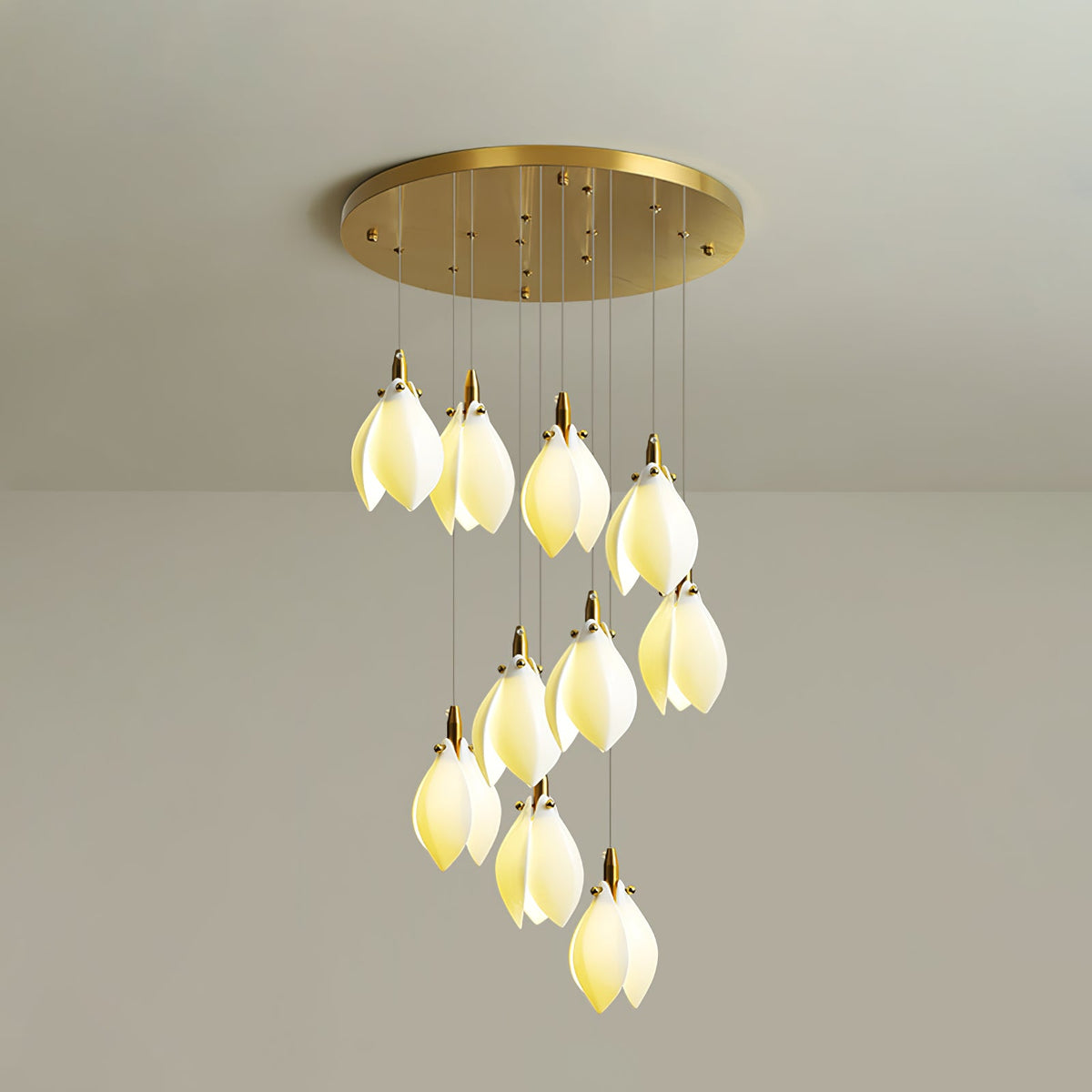 Astralis Bloom Staircase Chandelier – Modern Ceramic Petal Cascade in Gold