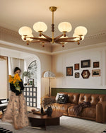 Astrid Bloom Mid-Century Modern Wood & Brass Chandelier with Glass Shades