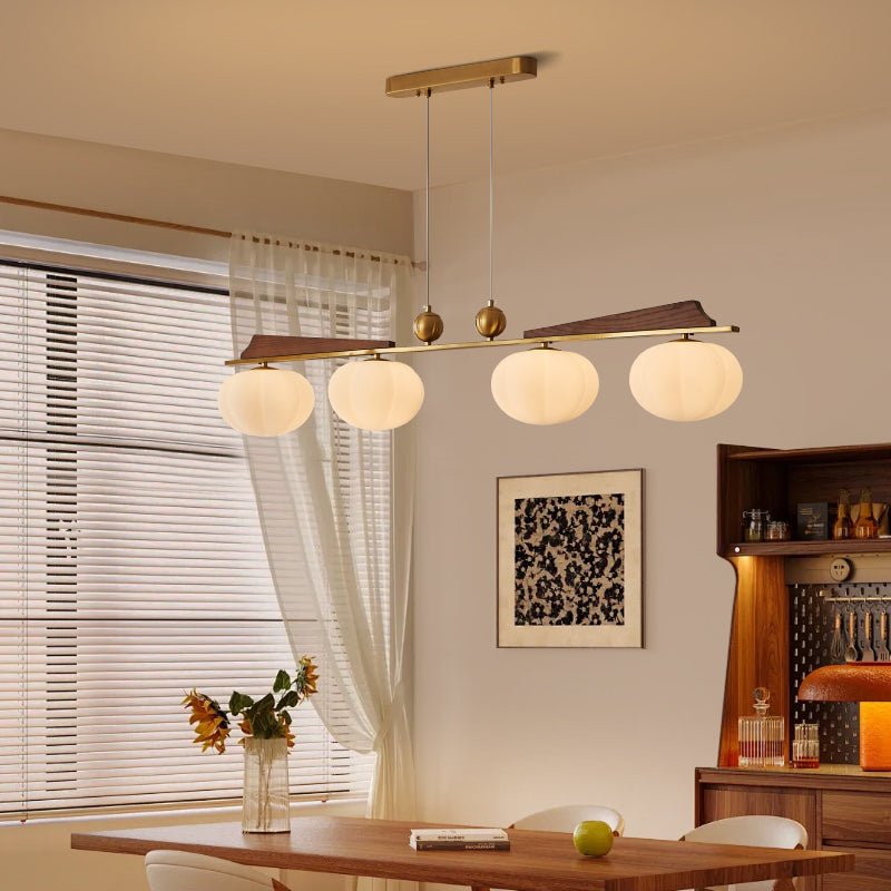 Astrid Bloom Mid-Century Modern Wood & Brass Chandelier with Glass Shades