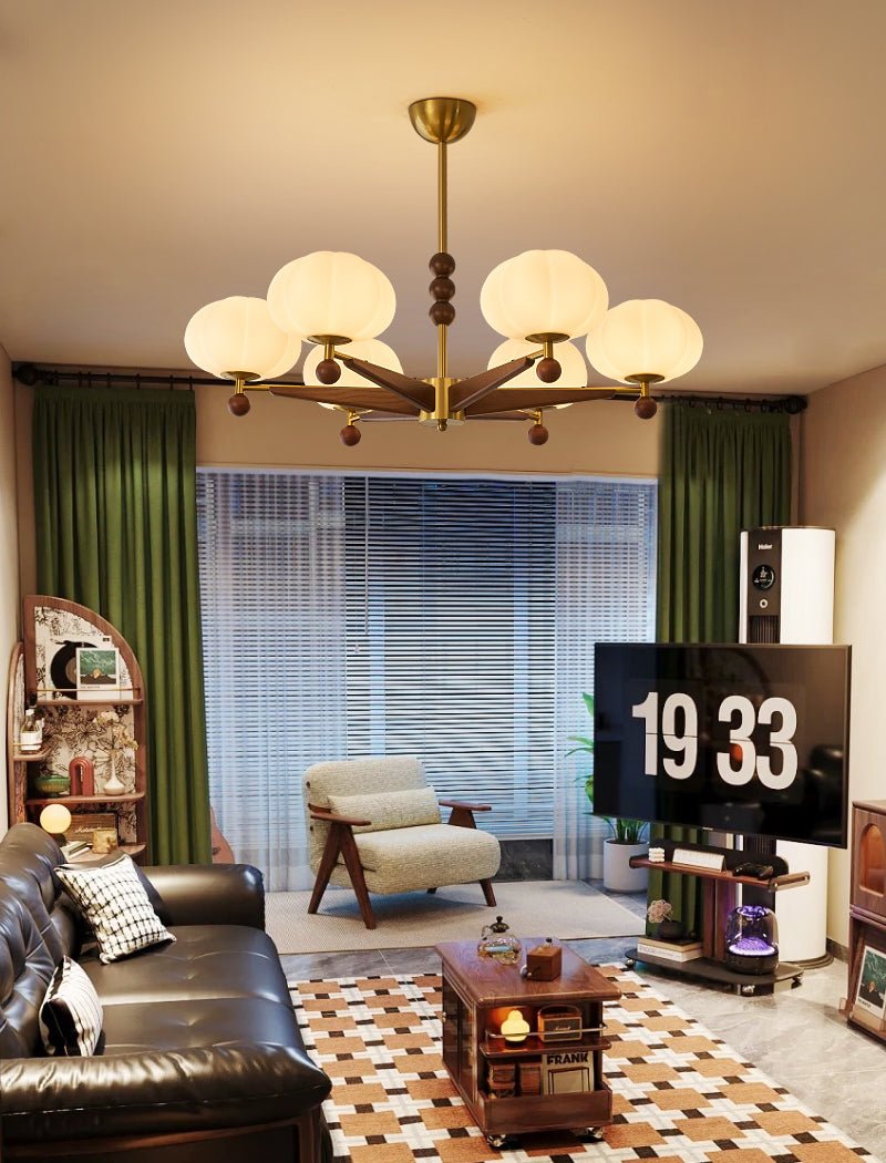 Astrid Bloom Mid-Century Modern Wood & Brass Chandelier with Glass Shades